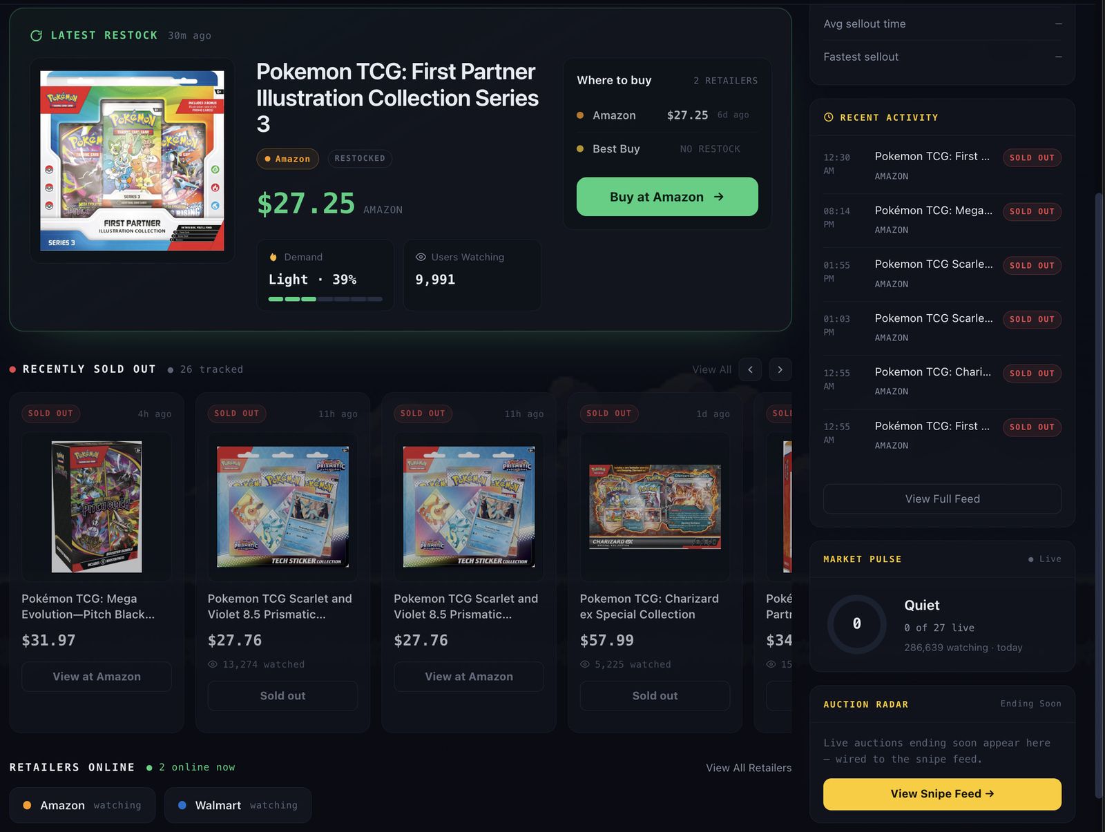 PokéSnipez Restock Radar showing the latest restock, sold-out history and retailer status