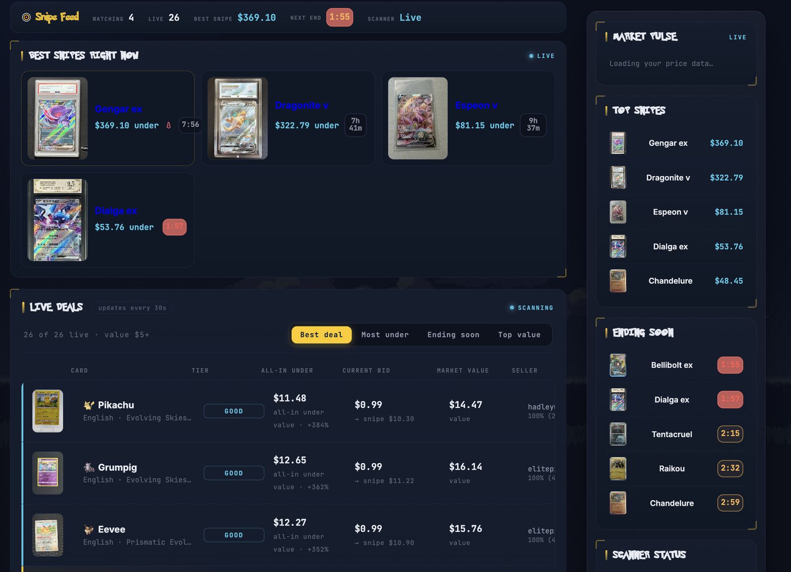 The PokéSnipez Snipe Feed: live eBay auctions closing under market value